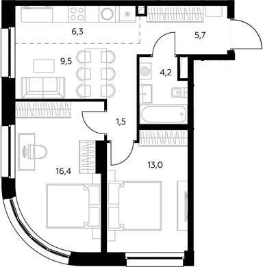 Планировка: Евротрёшка 57 м² в ЖК «Адмирал»