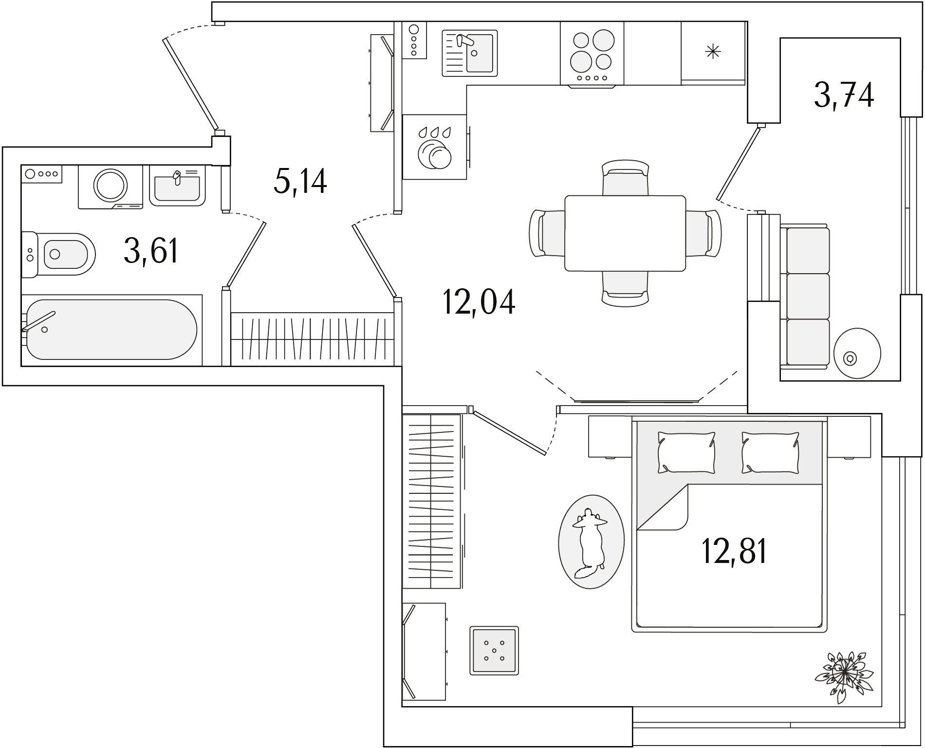 Планировка: 1-комнатная квартира 33,6 м² в ЖК «Гранат»