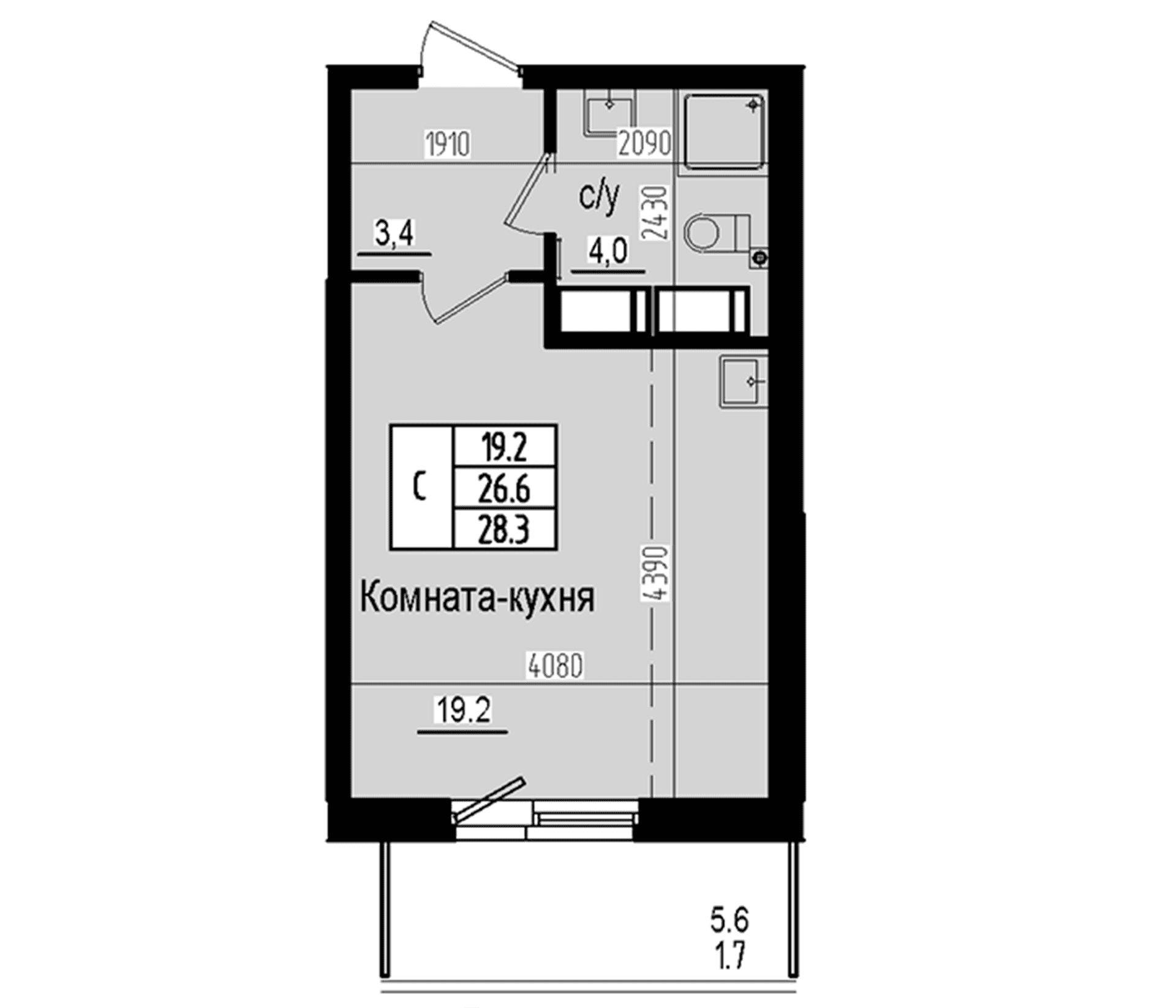 Планировка: Студия 26,6 м² в ЖК «Прагма Сити»