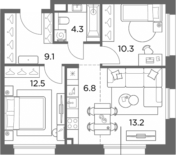 Планировка: Евротрёшка 56,2 м² в ЖК «Станиславский»