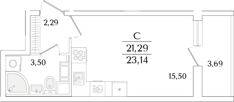 Планировка: Студия 21,3 м² в ЖК «Кинопарк»