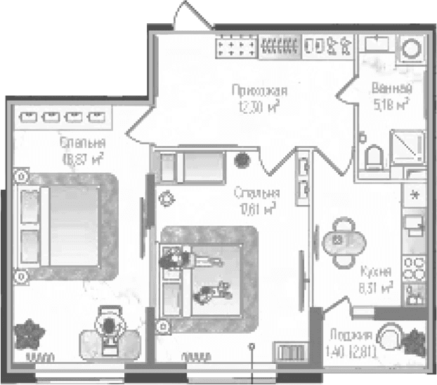 Планировка: 2-комнатная квартира 62,3 м² в ЖК «Рига Хиллс»