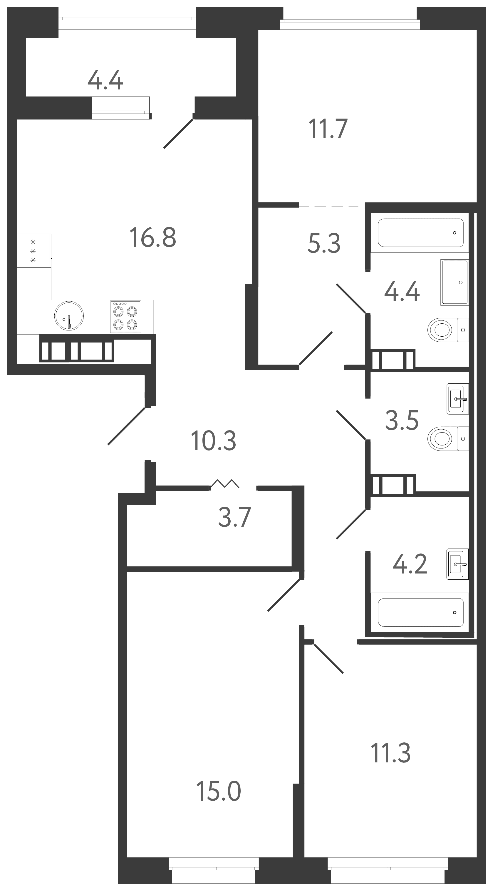 Планировка: 3-комнатная квартира 86,2 м² в ЖК «Куинджи»