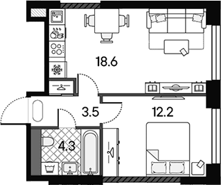 Планировка: Евродвушка 38,7 м² в ЖК «МАРК»