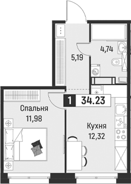 Планировка: 1-комнатная квартира 34,2 м² в ЖК «Символист»