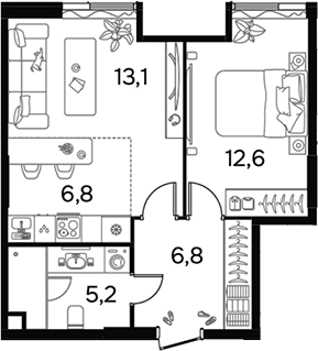 Планировка: Евродвушка 44,5 м² в ЖК «Вавилова 64»