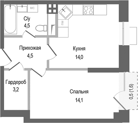 Планировка: 1-комнатная квартира 40,3 м² в ЖК «Киноквартал»