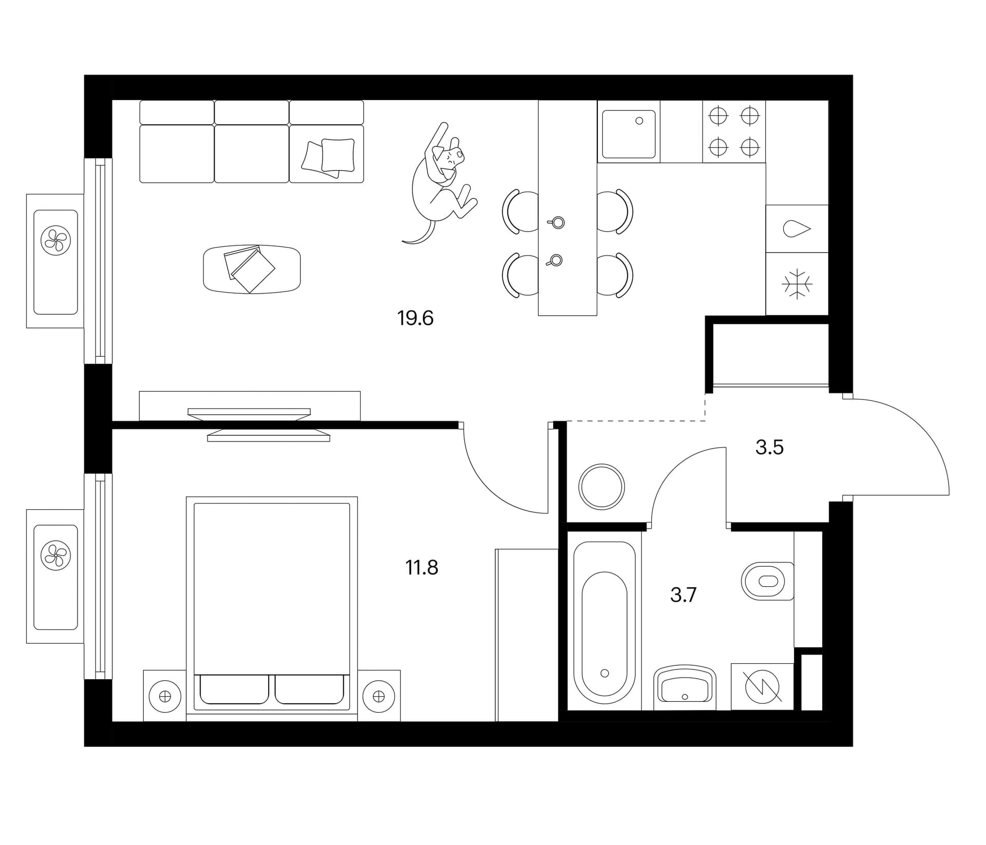 Планировка: 1-комнатная квартира 38,6 м² в ЖК «Белая Дача парк»