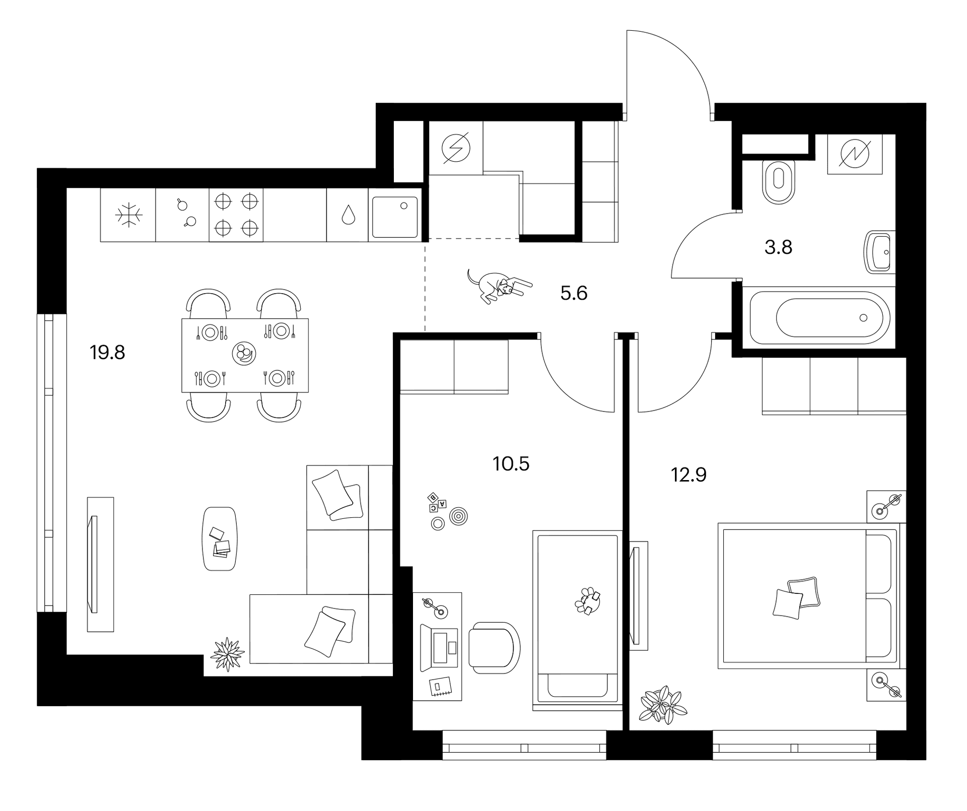 Планировка: 2-комнатная квартира 54,7 м² в ЖК «Москворечье»
