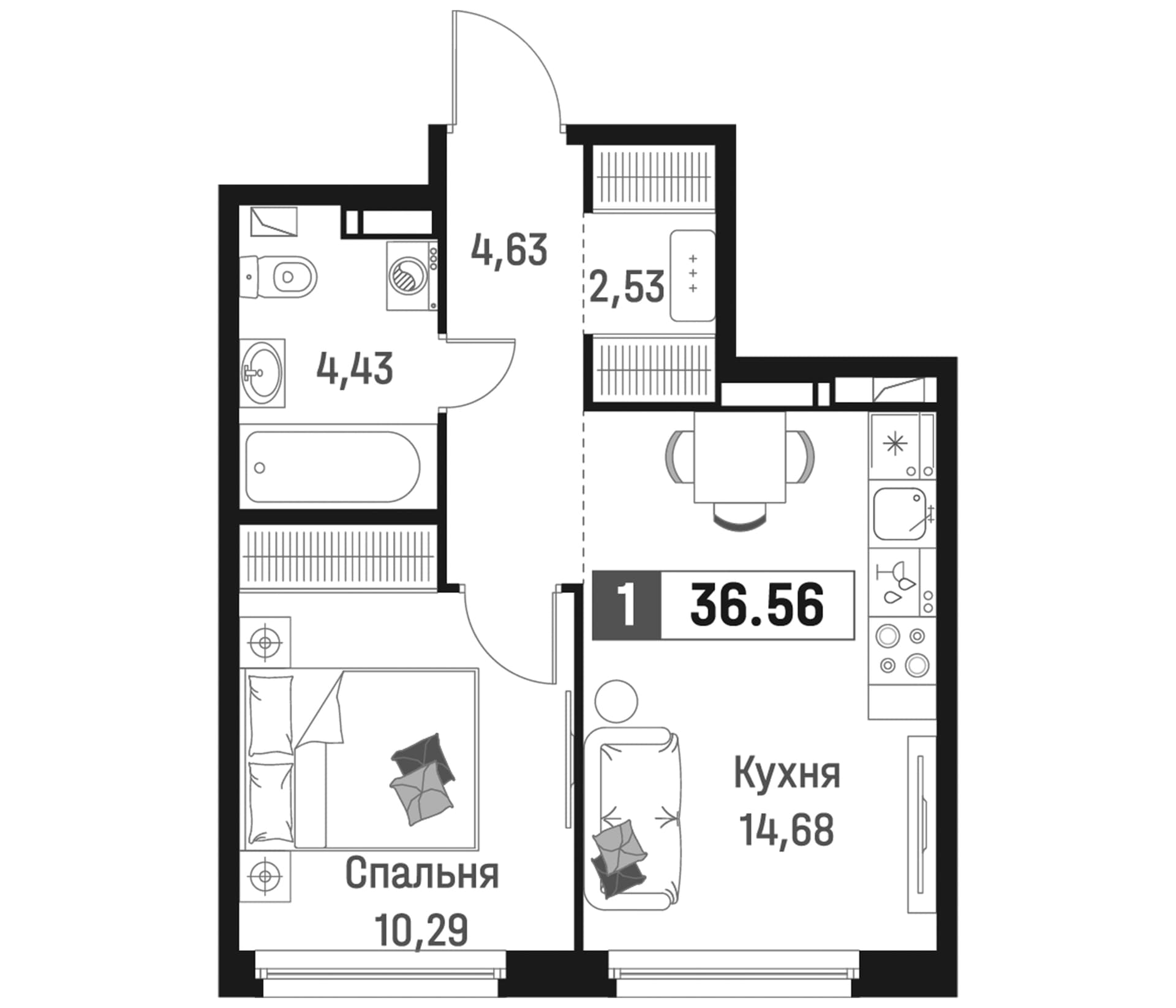 Планировка: 1-комнатная квартира 36,6 м² в ЖК «Максималист»