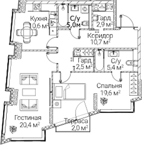 Планировка: 2-комнатная квартира 75,7 м² в ЖК «СЕЗАР БУДУЩЕЕ»