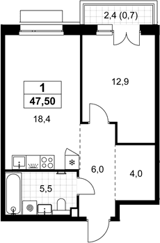 Планировка: Евродвушка 46,8 м² в ЖК «Хольм»