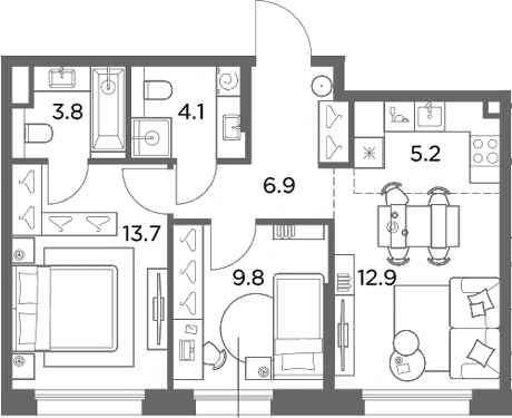 Планировка: Евротрёшка 56,4 м² в ЖК «Станиславский»