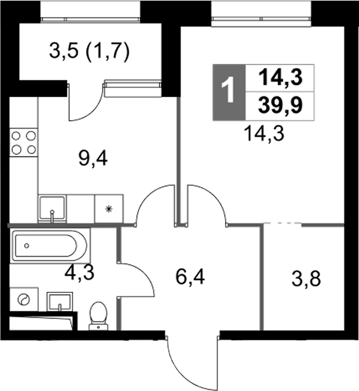 Планировка: 1-комнатная квартира 38,2 м² в ЖК «Скай Гарден»