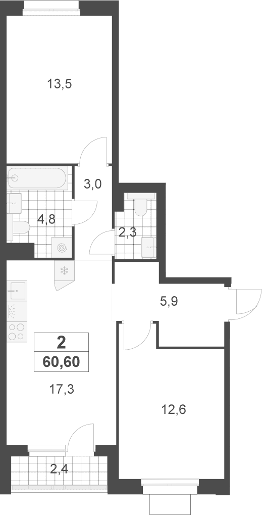 Планировка: Евротрёшка 59,4 м² в ЖК «Деснаречье»