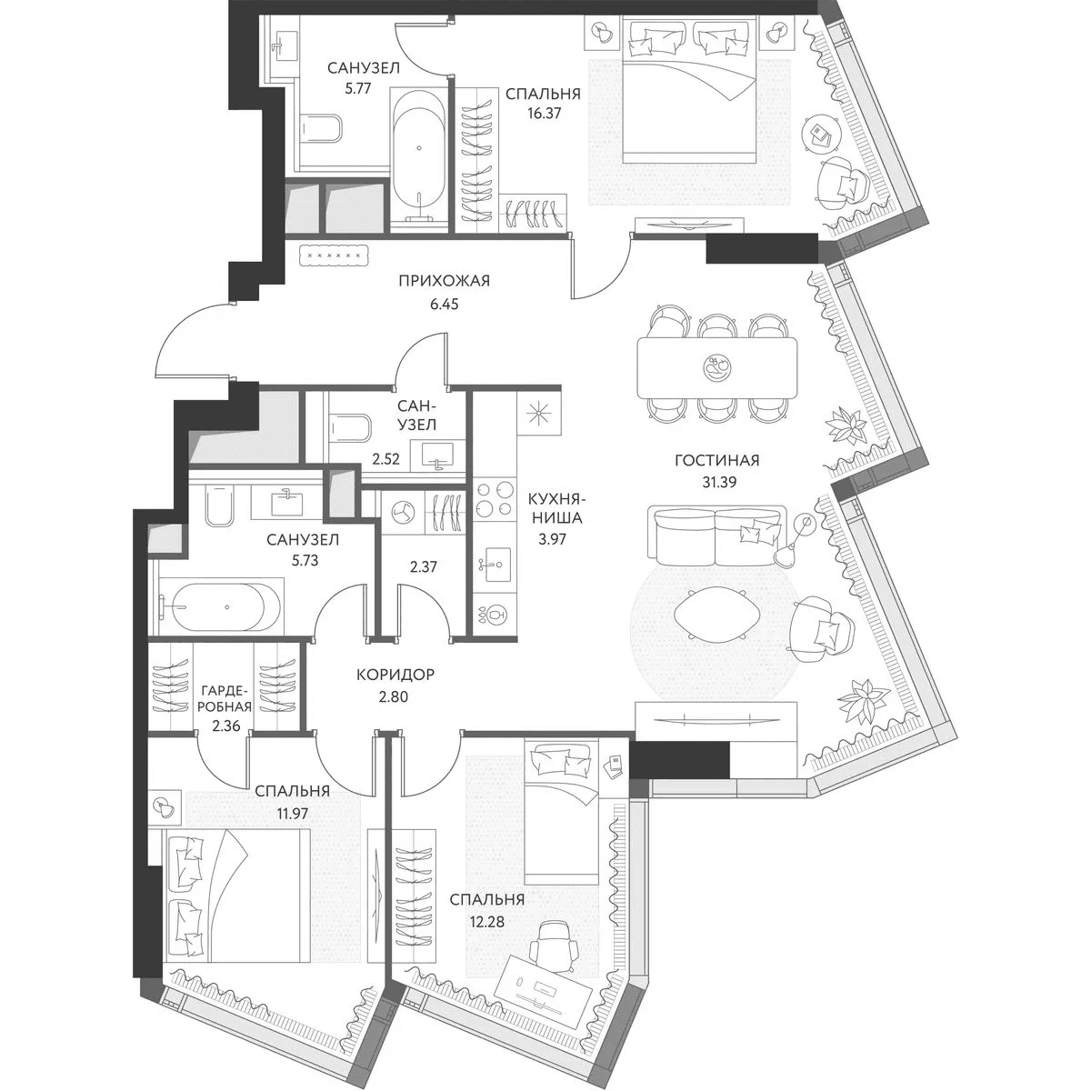 Планировка: Квартира евро-4 104,2 м² в ЖК «ХАЙДАУТ»