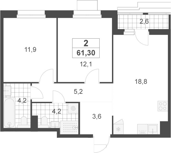 Планировка: Евротрёшка 60 м² в ЖК «Деснаречье»