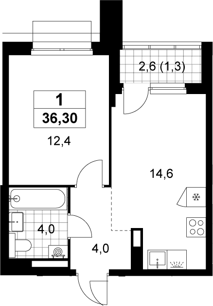 Планировка: 1-комнатная квартира 35 м² в ЖК «Деснаречье»