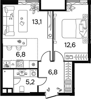 Планировка: Евродвушка 44,3 м² в ЖК «Вавилова 64»