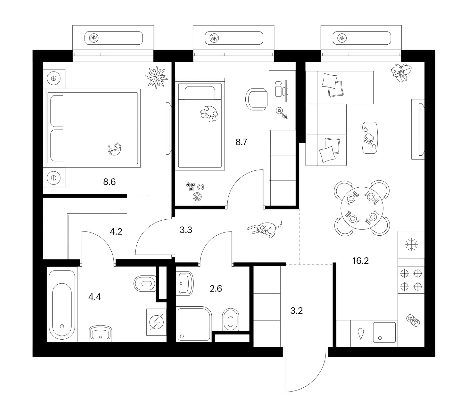 Планировка: 2-комнатная квартира 51,2 м² в ЖК «Зеленый парк»