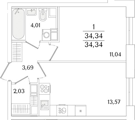 Планировка: Евродвушка 34,3 м² в ЖК «Кинопарк»
