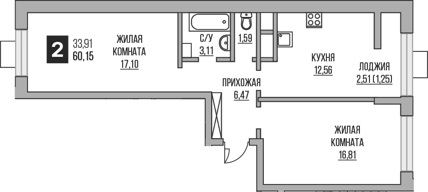 Планировка: 2-комнатная квартира 57,6 м² в ЖК «Гранель Пехра»