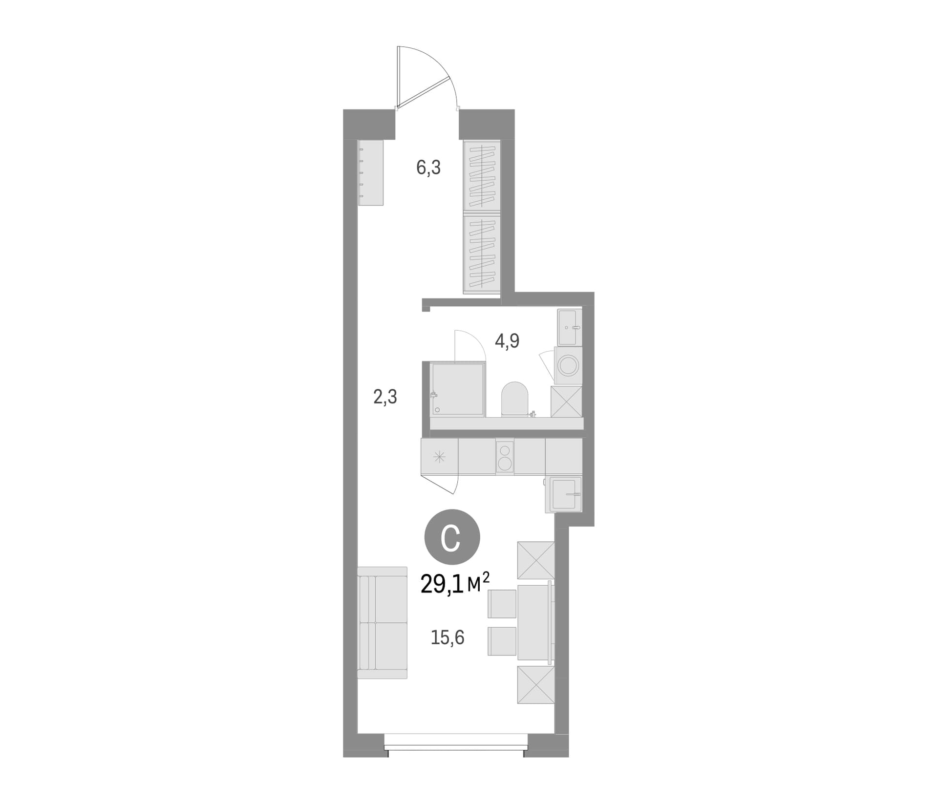 Планировка: Студия 29,1 м² в ЖК «Северный ветер»