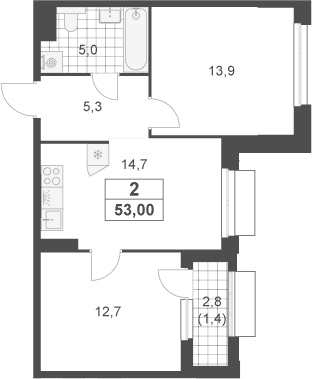 Планировка: 2-комнатная квартира 51,6 м² в ЖК «Южные сады»