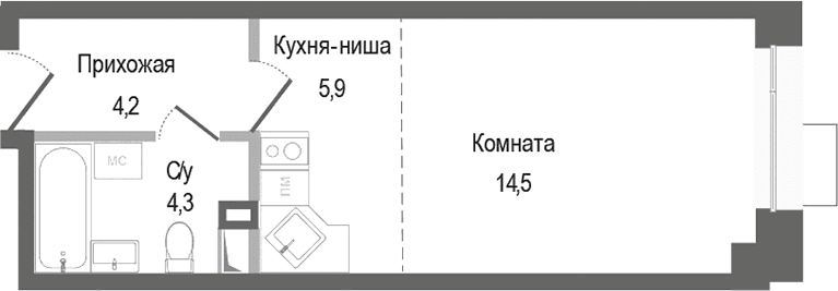 Планировка: Студия 28,9 м² в ЖК «Киноквартал»