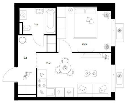 Планировка: 1-комнатная квартира 34,7 м² в ЖК «Белая Дача парк»