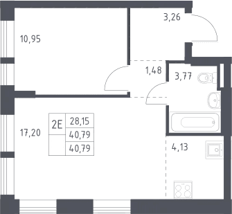 Планировка: Евродвушка 40,8 м² в ЖК «Квартал Авиаторов»