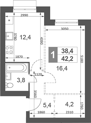 Планировка: 1-комнатная квартира 42,2 м² в ЖК «Дубровицы Клаб»