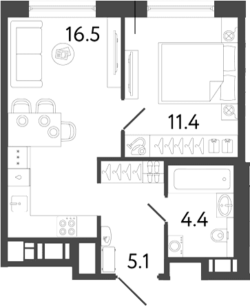 Планировка: Евродвушка 37,4 м² в ЖК «Передвижники 2»