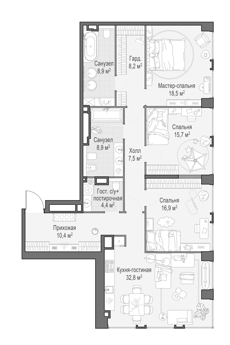 Планировка: Квартира евро-4 131,9 м² в ЖК «Квартал Life Time»