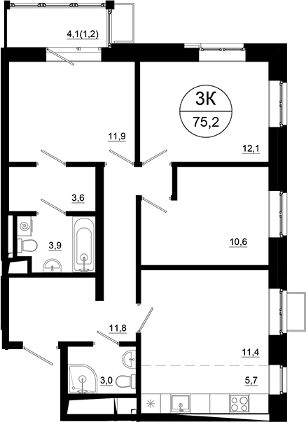 Планировка: Квартира евро-4 74 м² в ЖК «Союзный»