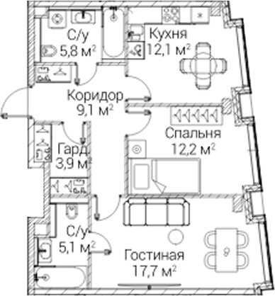 Планировка: 2-комнатная квартира 65,9 м² в ЖК «СЕЗАР БУДУЩЕЕ»