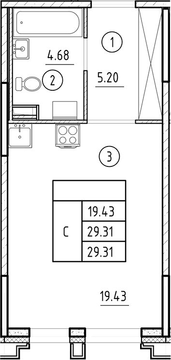 Планировка: Студия 29,3 м² в ЖК «Ассамблея»