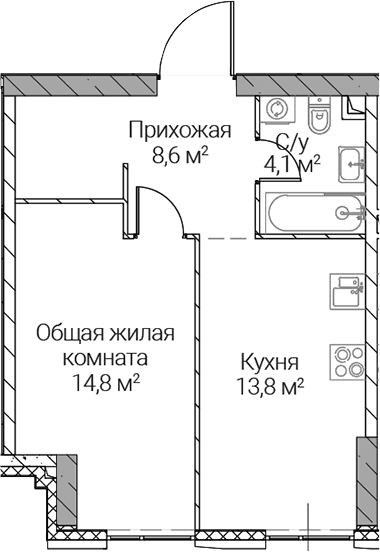 Планировка: 1-комнатная квартира 41,3 м² в ЖК «СЕЗАР СИЛИКА»