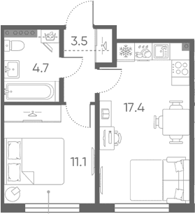 Планировка: Евродвушка 36,7 м² в ЖК «Пулково Лейк»