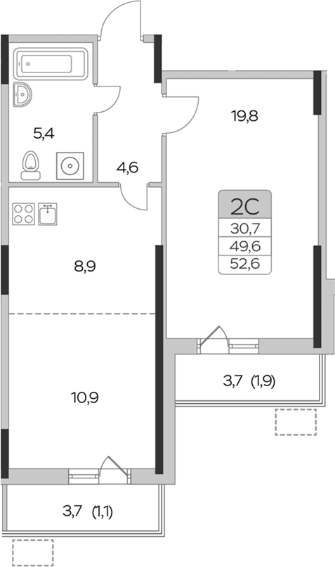 Планировка: 1-комнатная квартира 49,6 м² в ЖК «Пироговская ривьера»