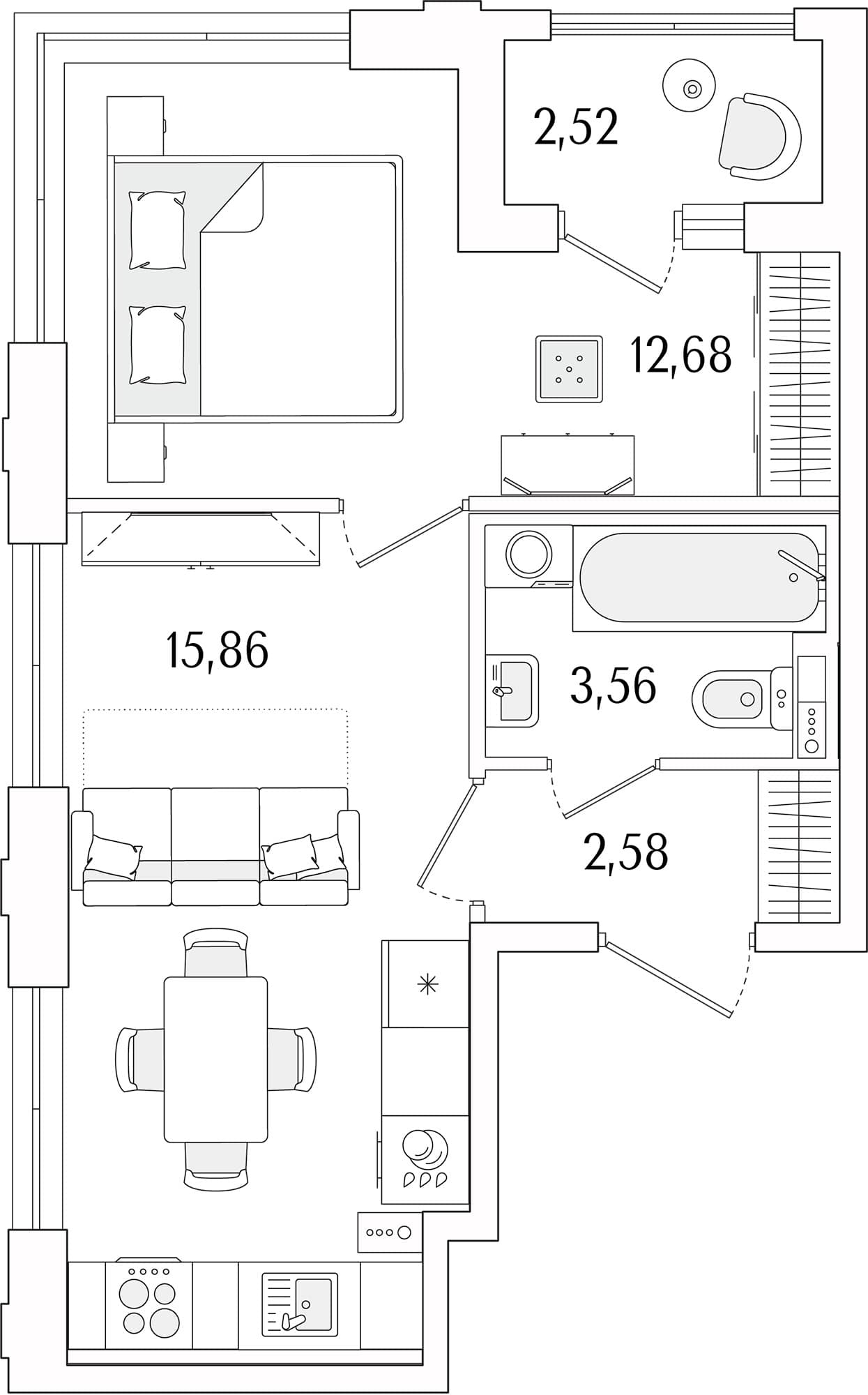 Планировка: Евродвушка 34,7 м² в ЖК «Гранат»