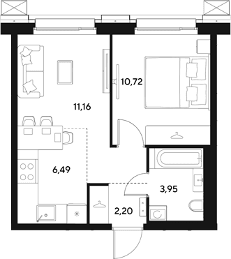 Планировка: Евродвушка 34,5 м² в ЖК «ЭВО»