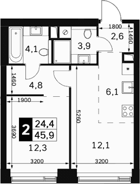 Планировка: Евродвушка 45,9 м² в ЖК «Амбер Сити»
