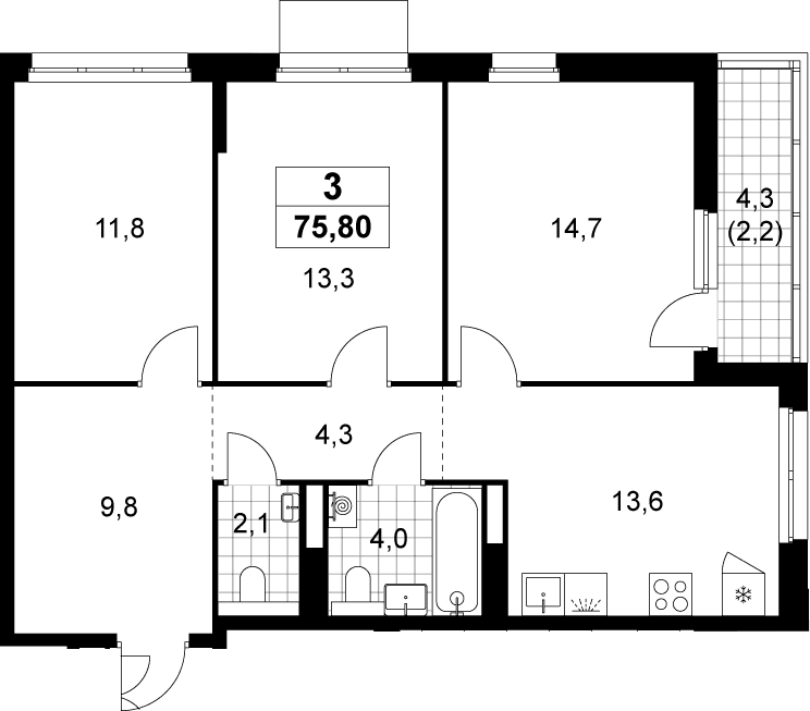 Планировка: 3-комнатная квартира 73,6 м² в ЖК «Деснаречье»