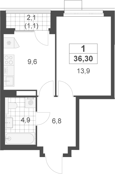Планировка: 1-комнатная квартира 35,2 м² в ЖК «Скандинавия»