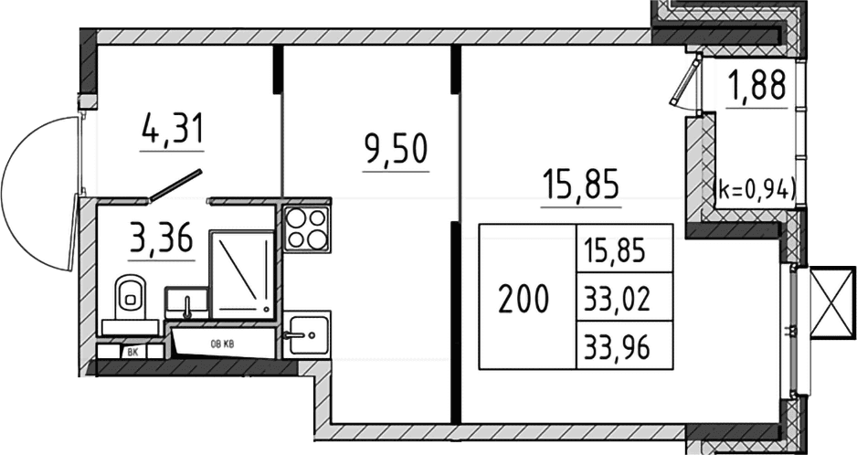Планировка: Студия 33 м² в ЖК «Поварово-Молодежный-2»