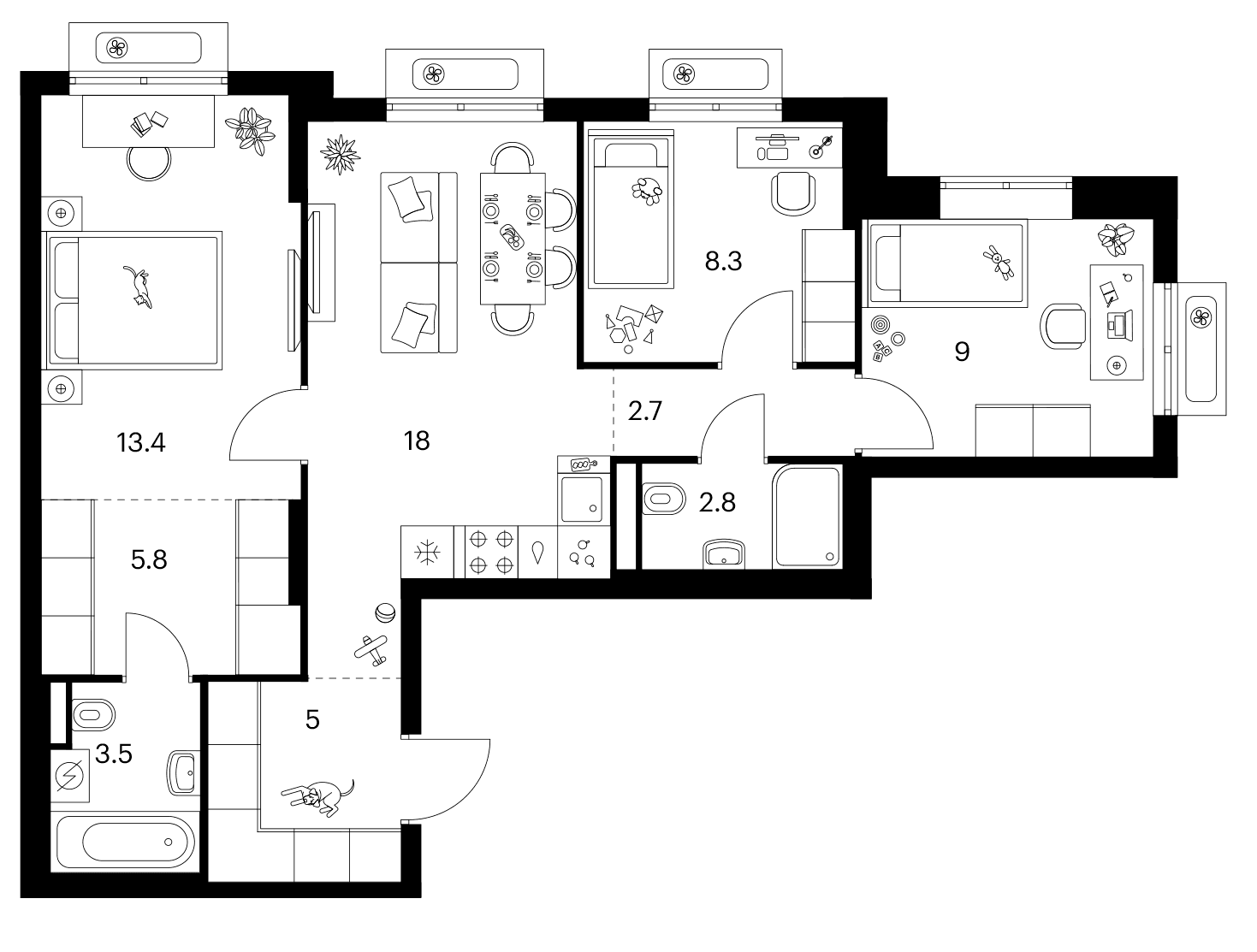 Планировка: 3-комнатная квартира 68,5 м² в ЖК «Ярославский»