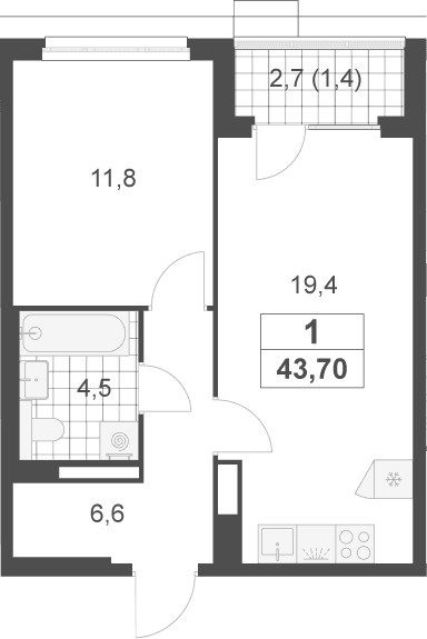 Планировка: 1-комнатная квартира 42,3 м² в ЖК «Скандинавия»