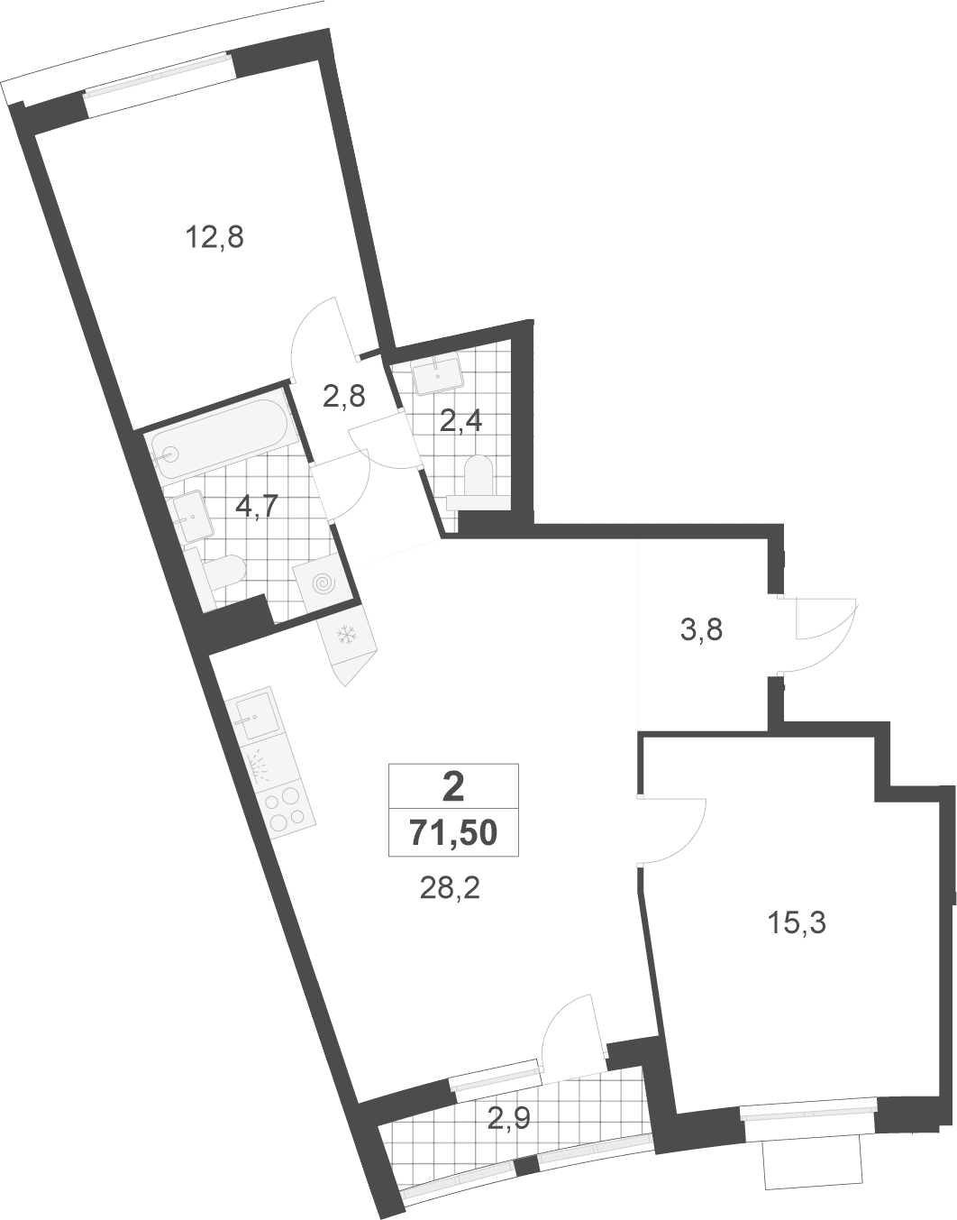 Планировка: Евротрёшка 70,1 м² в ЖК «Деснаречье»