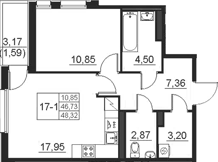 Планировка: Евродвушка 46,7 м² в ЖК «Поинт Токсово»